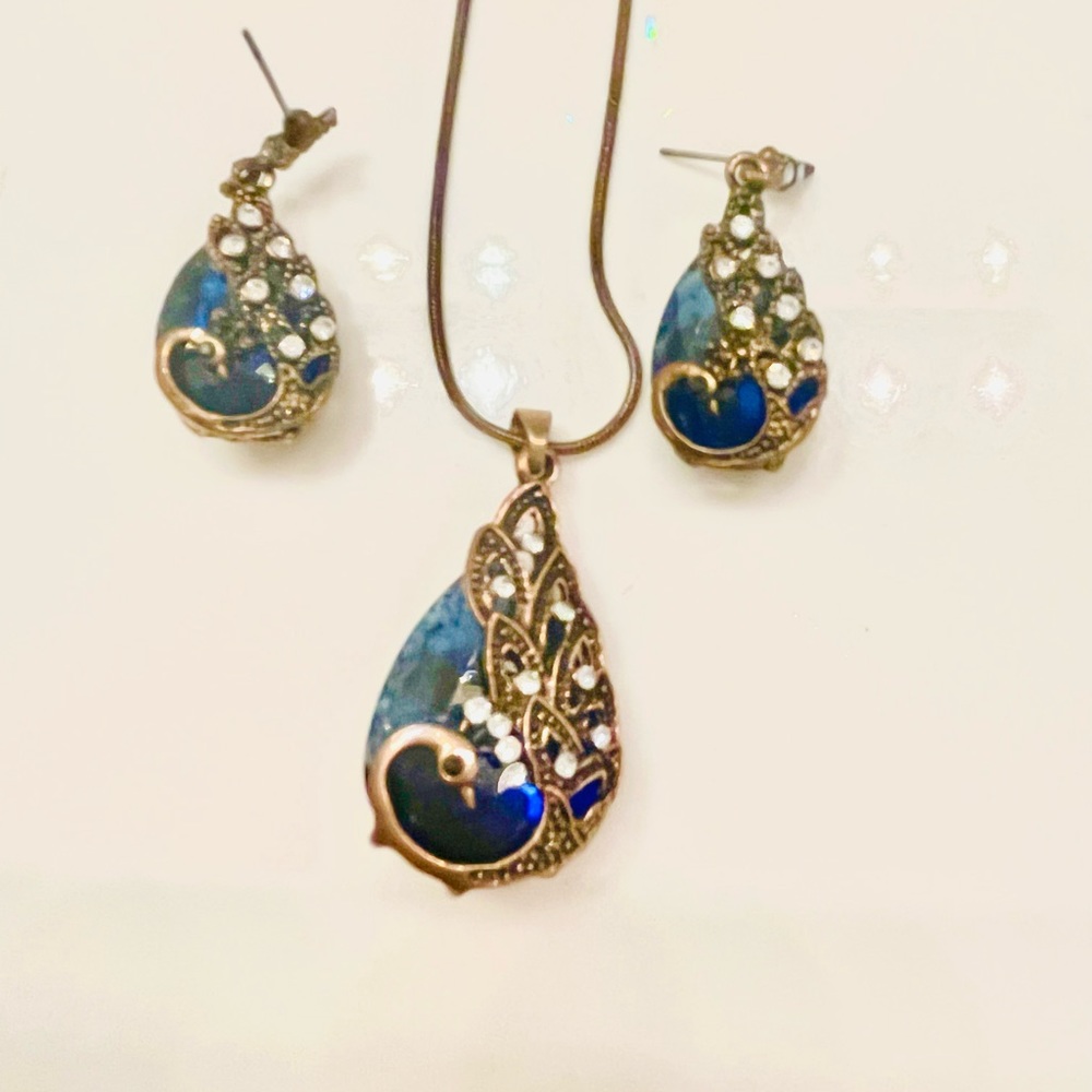 Navy Peacock Earrings and Necklace